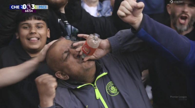 A passionate Manchester City fan celebrating after a match while mocking Arsenal supporters during online football banter.