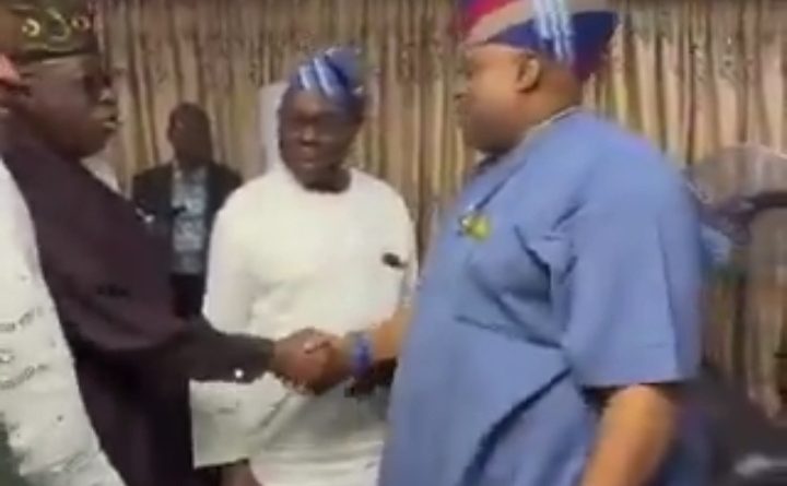Former President Olusegun Obasanjo warmly congratulates Osun State Governor Ademola Adeleke during a surprise visit following Adeleke's victory in Saturday's governorship election.