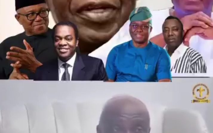 Primate Elijah Ayodele speaking during a church event while commenting on the 2027 Nigerian presidential election, urging Peter Obi to join a coalition and predicting a contest between the APC and ADC.