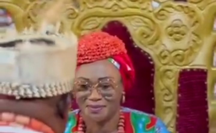 Nigeria's First Lady, Senator Oluremi Remi Tinubu, smiles as she receives the traditional title "Oso Di Eme 1" during a cultural ceremony attended by traditional rulers and government officials in Imo State.